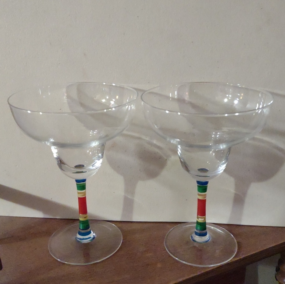 Set of 2 Margarita Cocktail Glasses Hand Painted Rainbow Stem 6 1/2"H Colorful